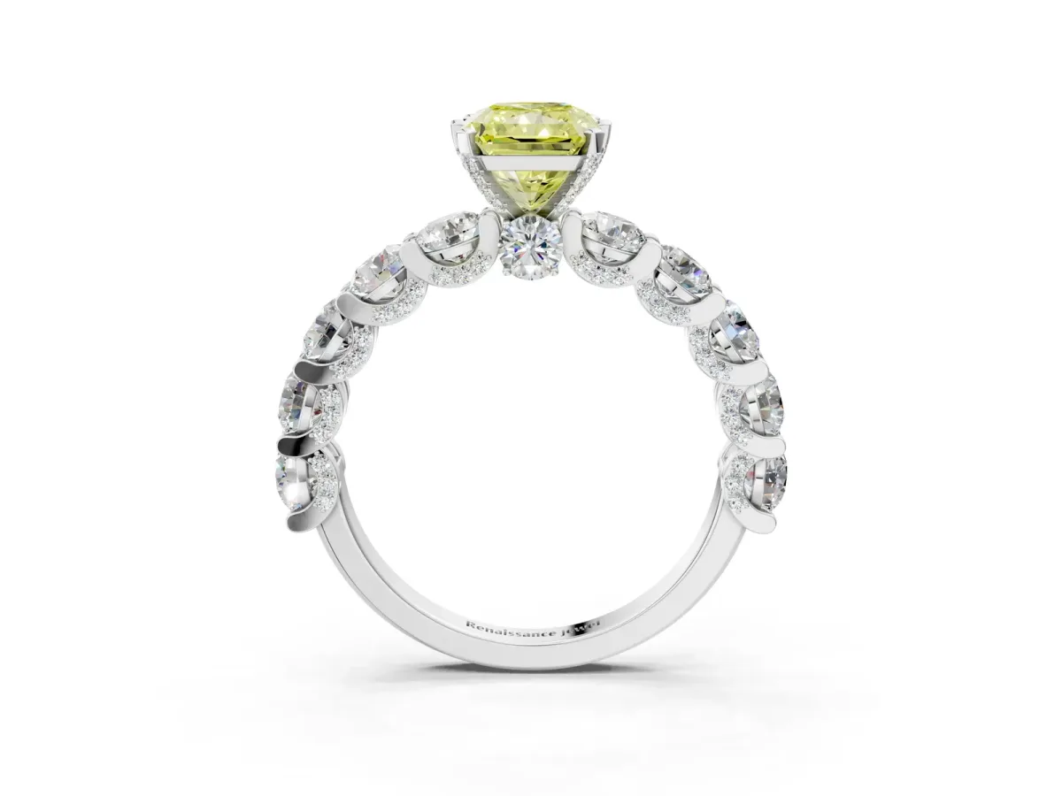 Fancy Yellow Radiant Cut Diamond Side Stone Engagement Ring with Four-Prong Setting Platinum
