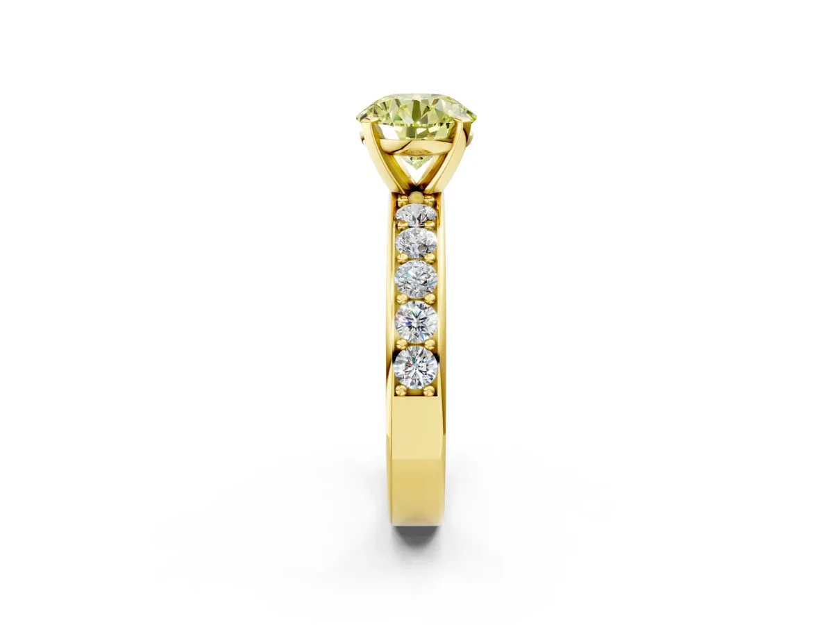 Fancy Yellow Round Cut Diamond Engagement Ring with Channel Set Round Band and Prong Setting Yellow gold