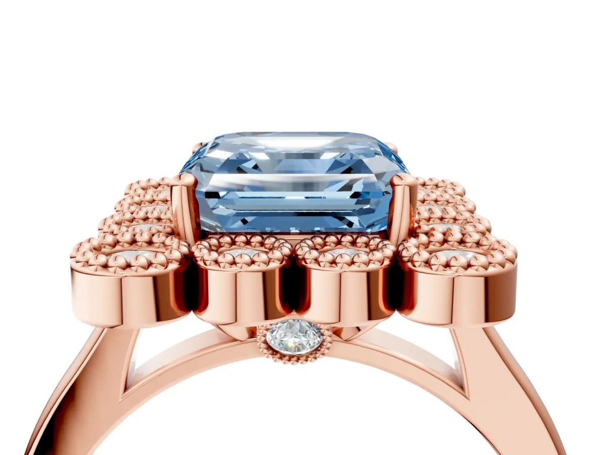 Fancy Blue Asscher Cut Halo Diamond Cluster Engagement Ring with Milgrain Bezel Setting and Solitaire Band Rose gold