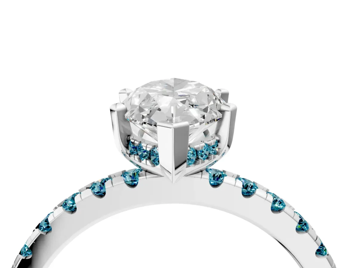 Marquise Cut Diamond Solitaire Ring with Round Blue Topaz Pavé Band and Four-Prong Setting White gold