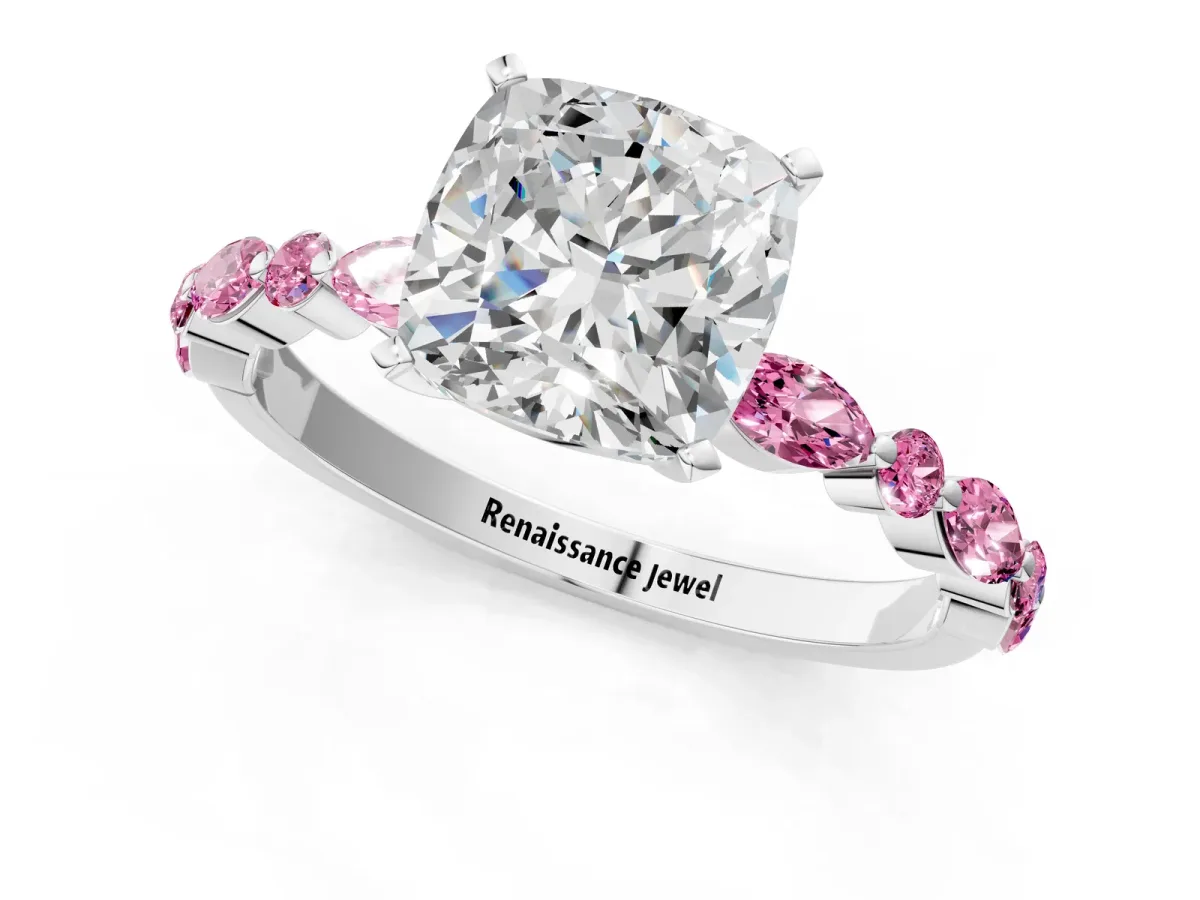 Cushion Cut Diamond Ring with Marquise and Round Pink Sapphire Side Stones and Four-Prong Setting Platinum