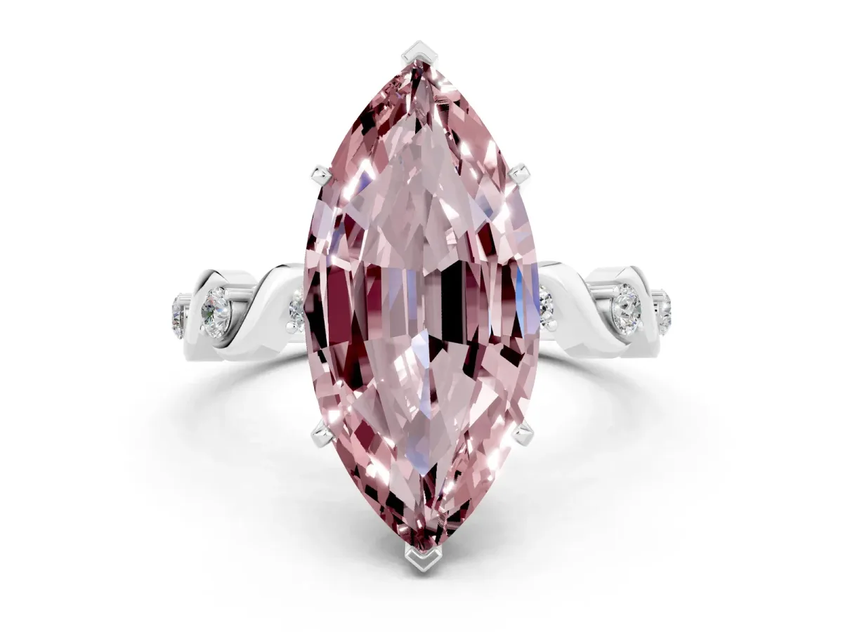Marquise Cut Morganite Solitaire Twisted Band with Round Accents and Prong Setting White gold