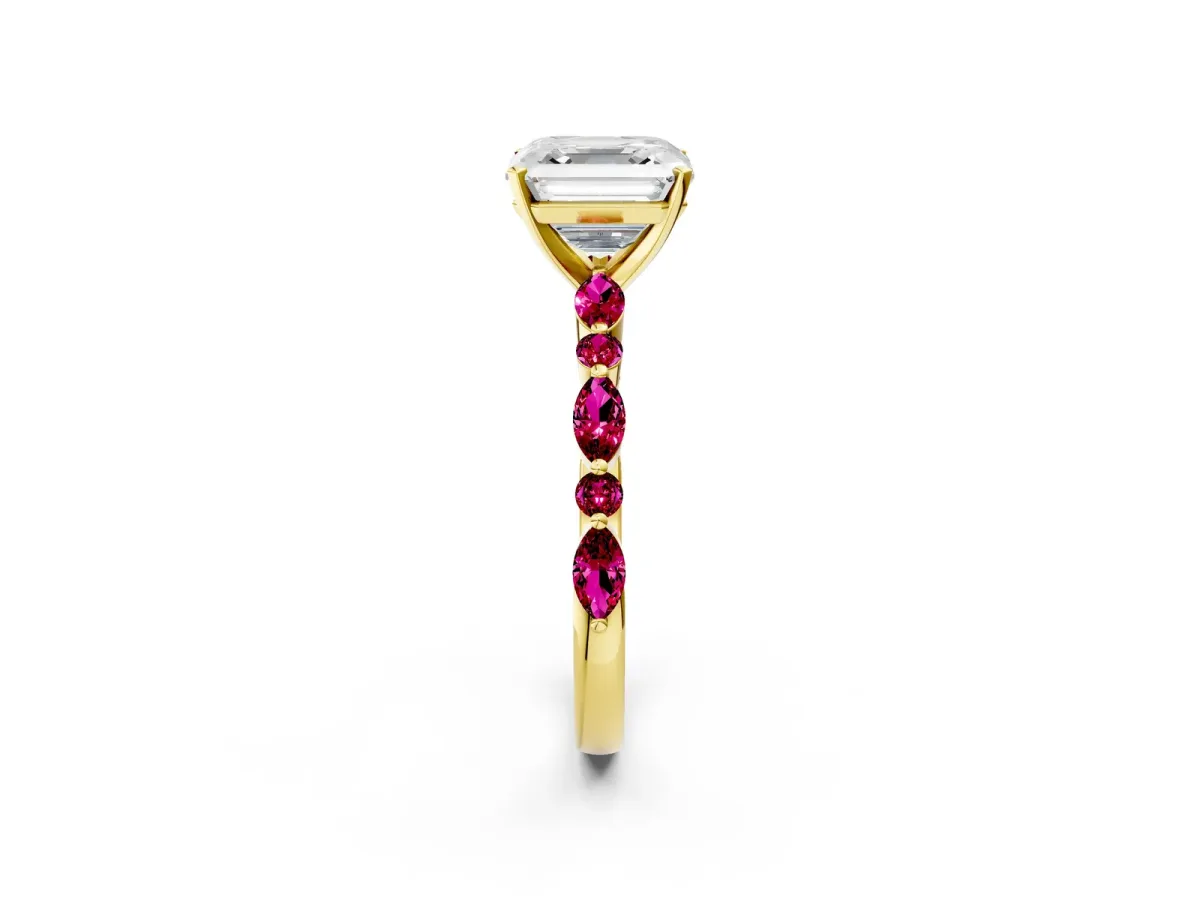 Asscher Cut Diamond Ring with Marquise and Round Garnet Side Stones and Four-Prong Setting Yellow gold