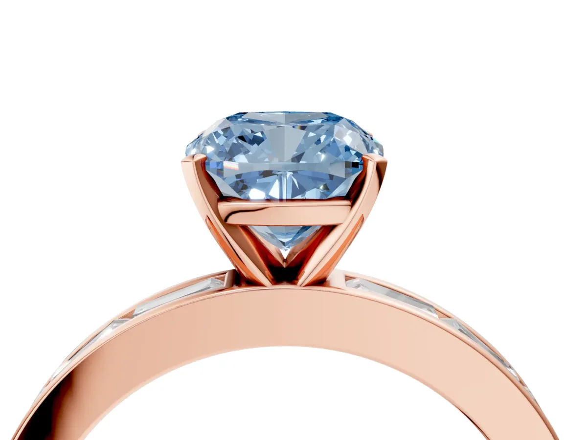 Fancy Blue Cushion Cut Solitaire Diamond Ring with Channel-Set Baguette Band and Four-Prong Setting Rose gold