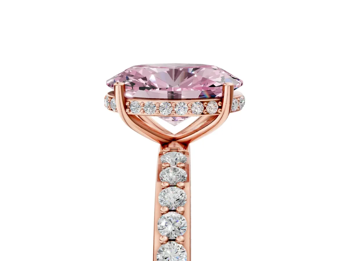 Fancy Pink Oval Cut Diamond Solitaire Ring with Pavé Band and Hidden Halo Rose gold
