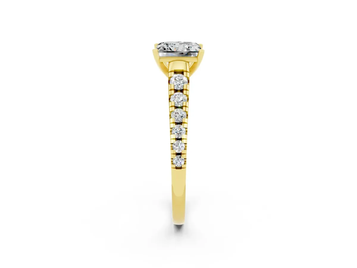 Princess Cut Moissanite Cathedral Solitaire Ring with Round Pavé Band Yellow gold