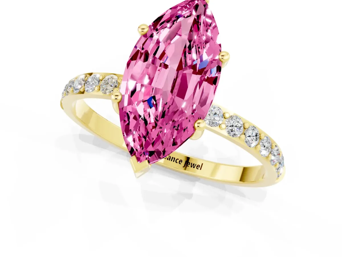 Marquise Cut Pink Sapphire Solitaire Ring with Round Pavé Band and Prong Setting Yellow gold