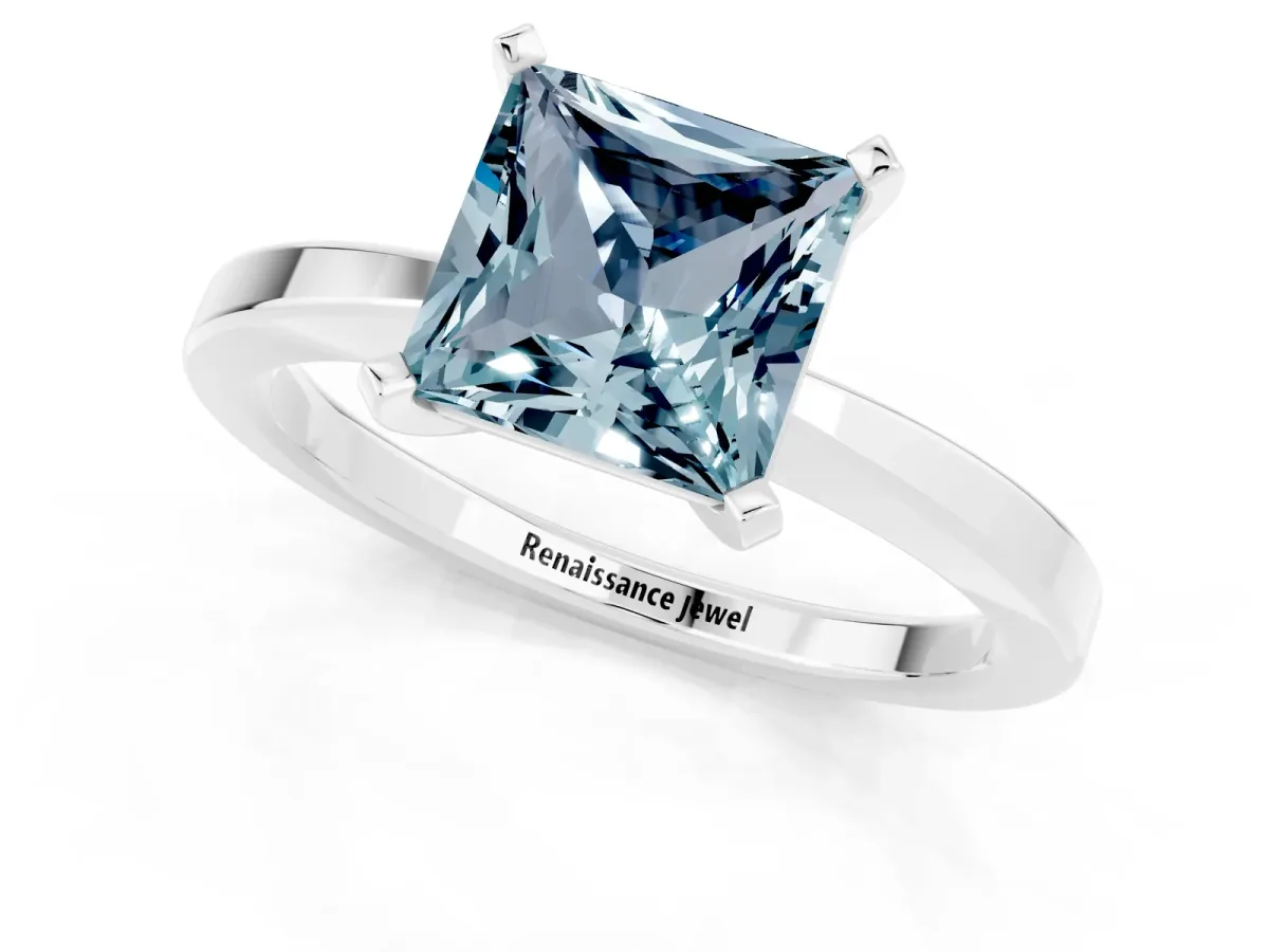 Princess Cut Aquamarine Solitaire Engagement Ring with Classic Band and Four-Prong Setting White gold