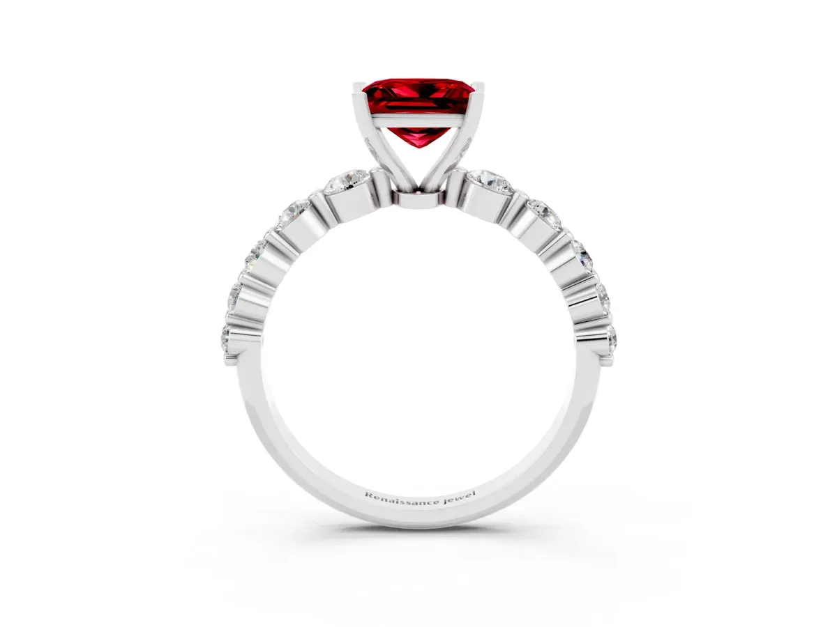 Princess Cut Solitaire Ruby Ring with Pave Band and Four-Prong Setting Silver