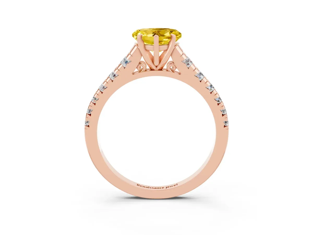 Heart Cut Yellow Sapphire Cathedral Solitaire Ring with Round Pavé Band Rose gold