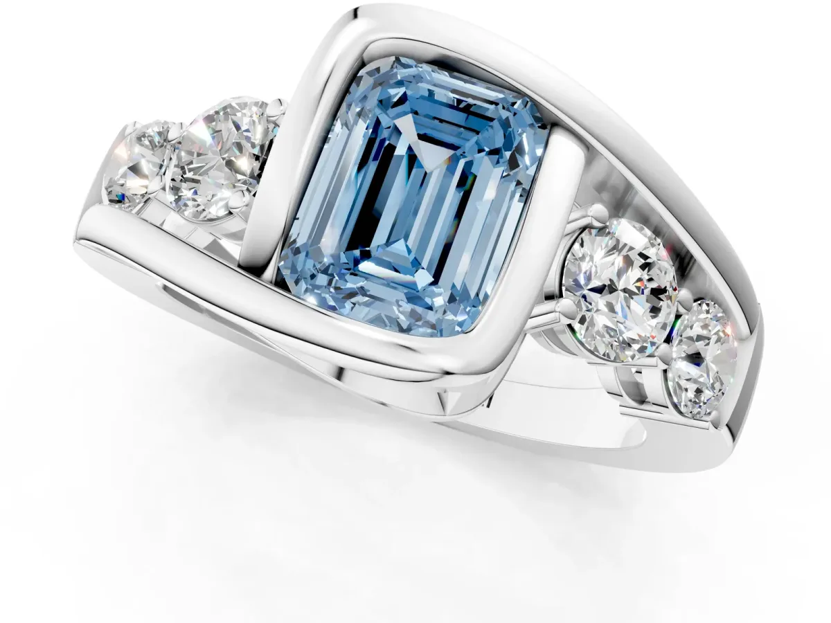Fancy Blue Bezel Set Emerald Cut Diamond Bypass Ring with Round Accents Silver