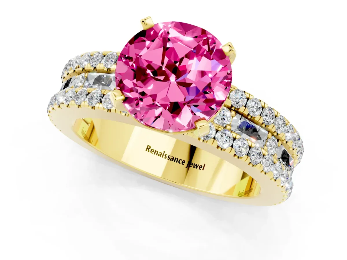 Round Cut Pink Sapphire Solitaire Ring with Pavé and Channel Set Band Yellow gold