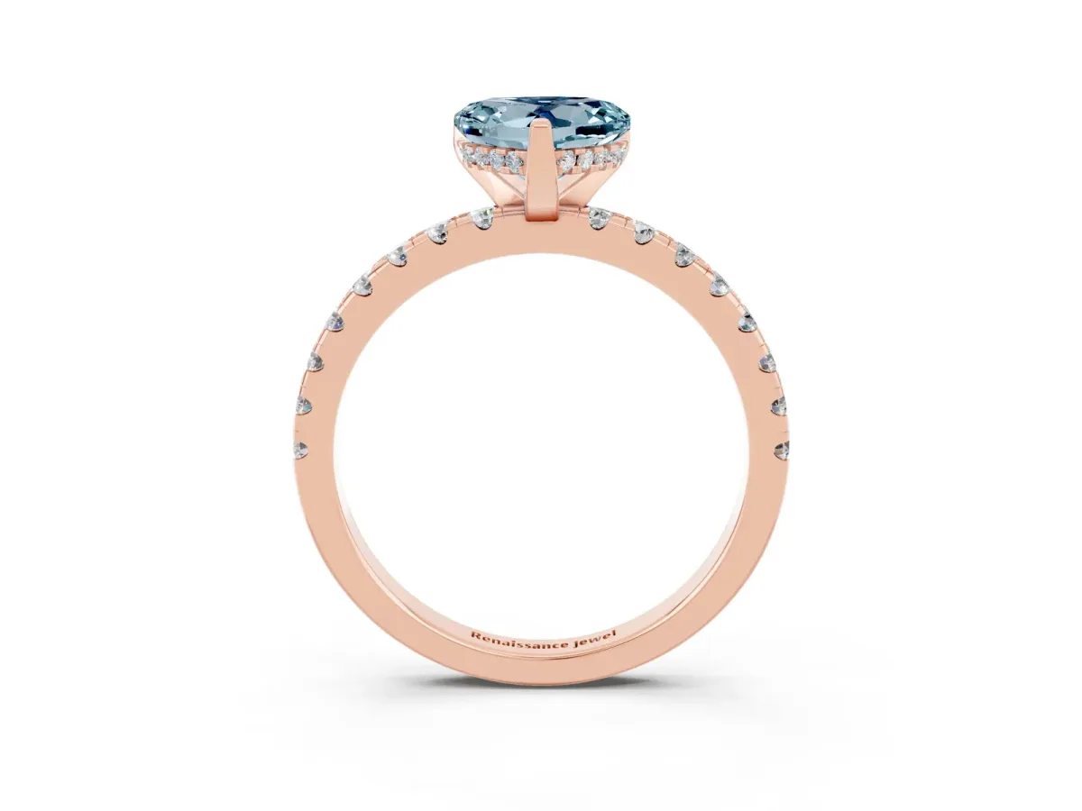 Heart Cut Aquamarine Solitaire Ring with Round Pavé Band and Four-Prong Setting Rose gold