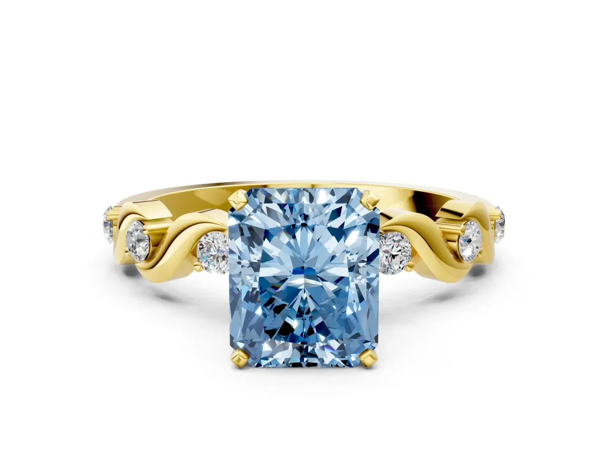 Fancy Blue Radiant Cut Diamond Solitaire Twisted Band with Round Accents and Prong Setting Yellow gold