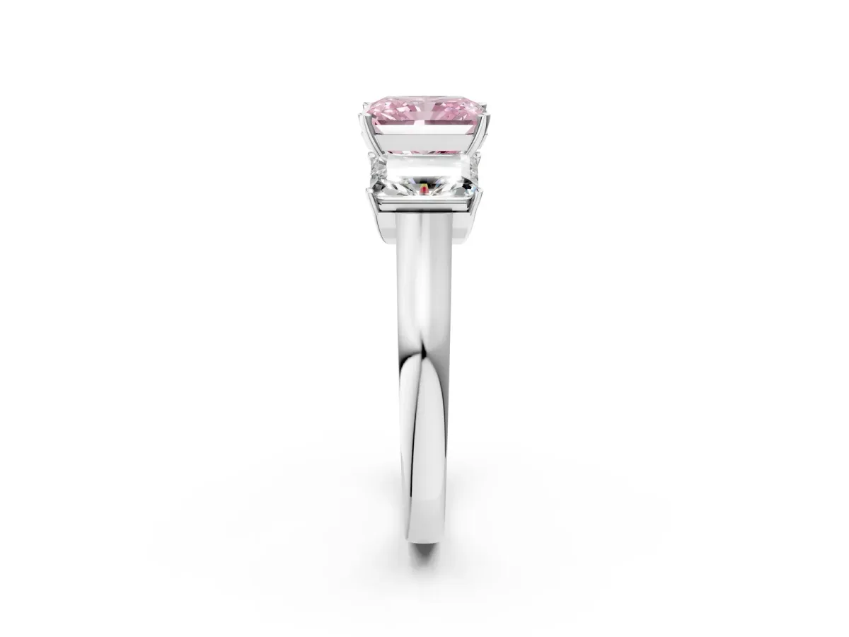 Fancy Pink Three-Stone Radiant Cut Brilliant Diamond Trellis Ring with Comfort Fit Band Platinum