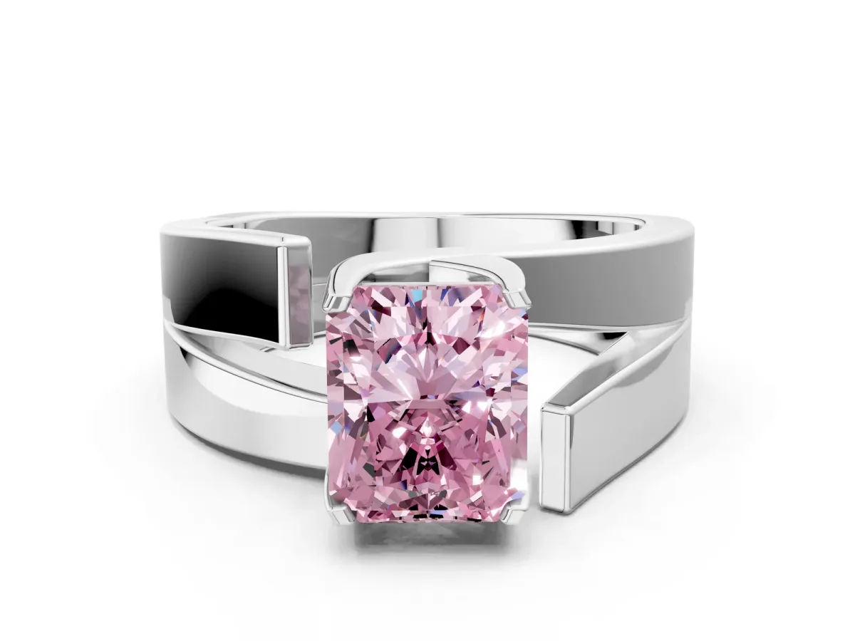 Fancy Pink Modern Tension Set Radiant Cut Diamond Solitaire Wide Band Ring Silver