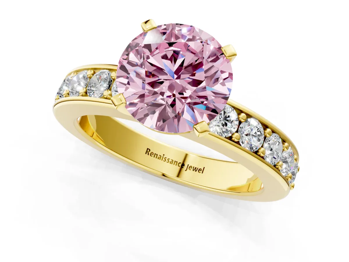 Fancy Pink Round Cut Diamond Engagement Ring with Channel Set Round Band and Prong Setting Yellow gold