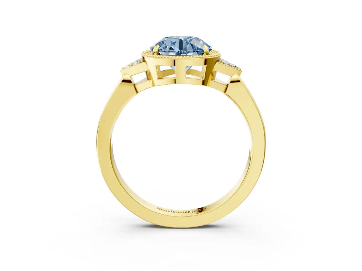 Fancy Blue Milgrain Round Cut Cut Diamond Ring with Tapered Pave Band and Four Prong Setting Yellow gold