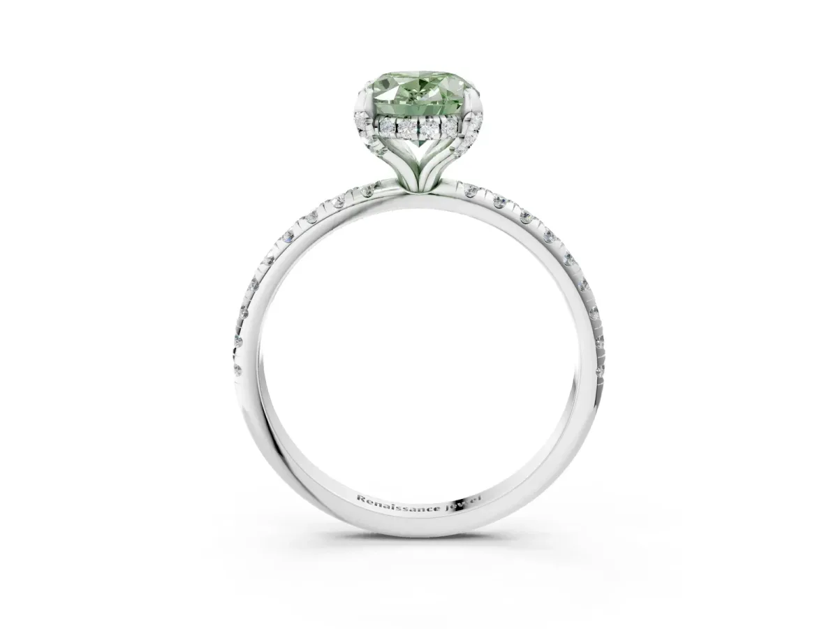 Fancy Green Oval Cut Diamond Hidden Halo Engagement Ring with Round Pavé Band and Prong Setting Silver