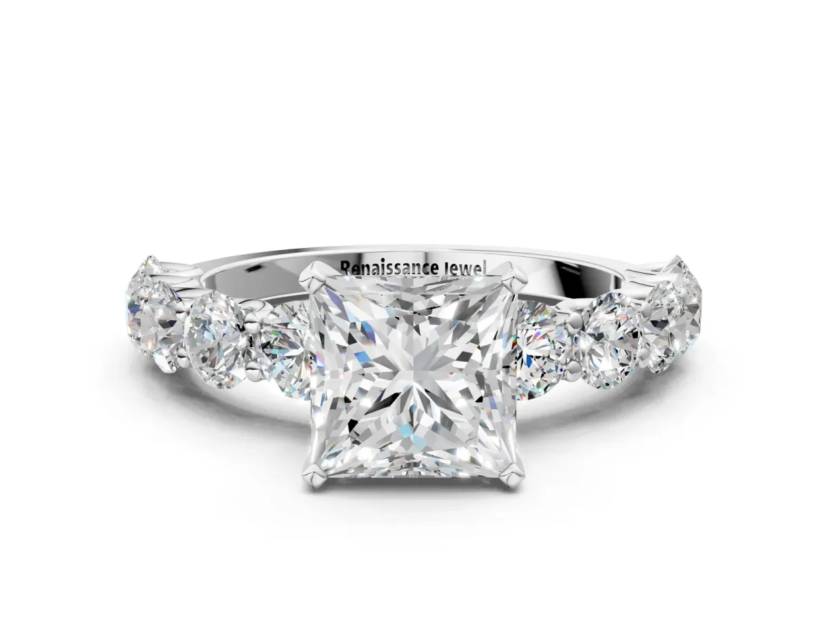 Princess Cut Diamond Prong Setting with Side Stones on a Pave Band White gold