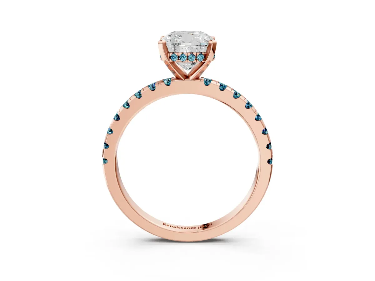 Cushion Cut Diamond Solitaire Ring with Round Blue Topaz Pavé Band and Four-Prong Setting Rose gold