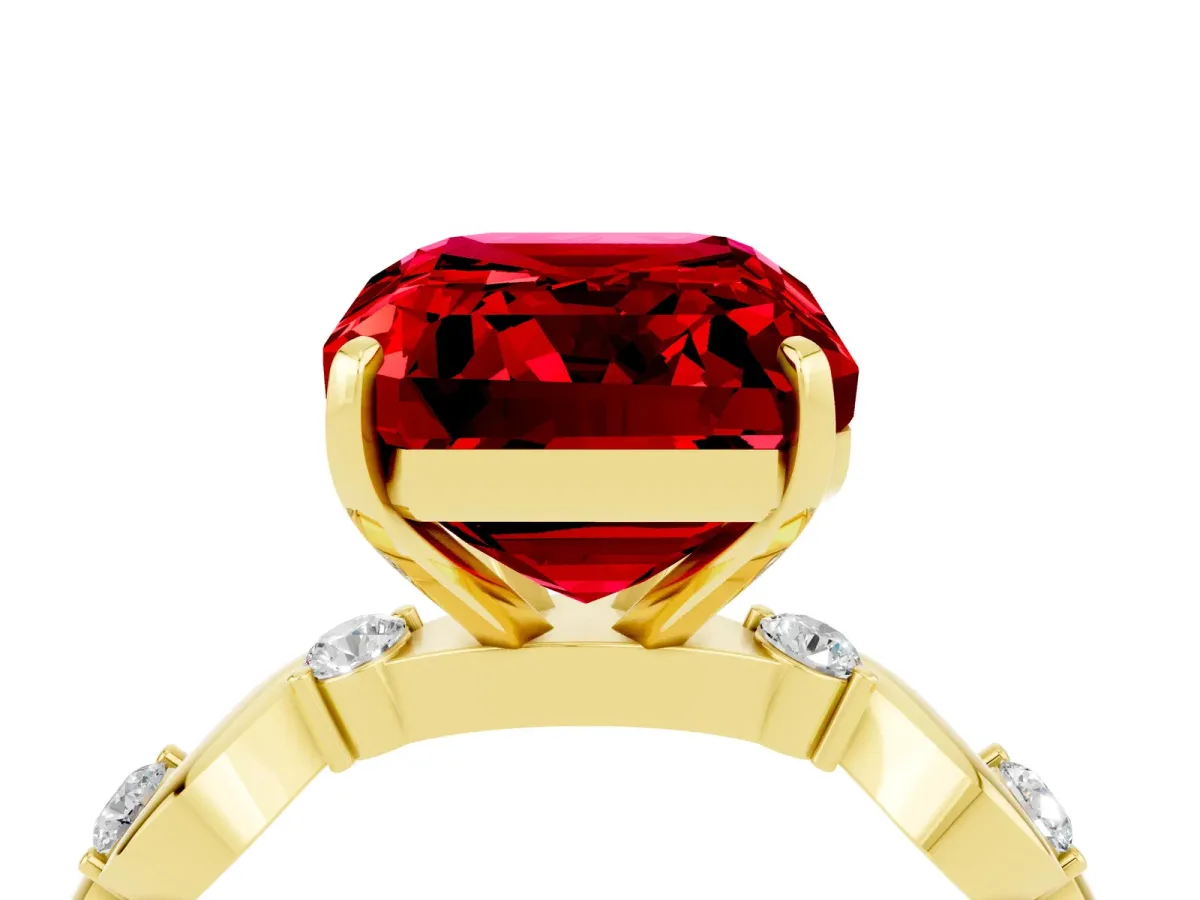 Emerald Cut Ruby Solitaire Twisted Band with Round Accents and Prong Setting Yellow gold