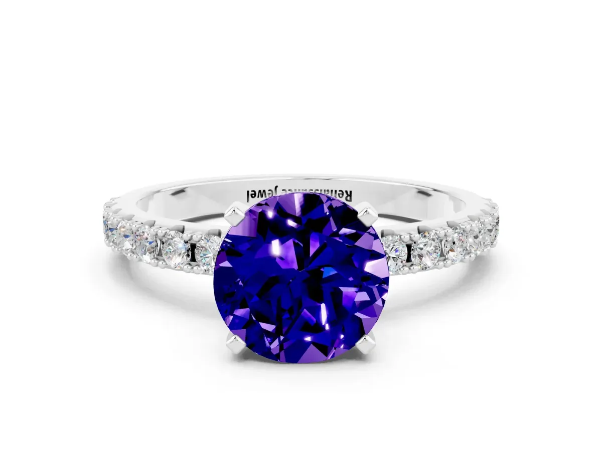 Round Cut Tanzanite Solitaire Pavé Band with Four-Prong Setting Platinum