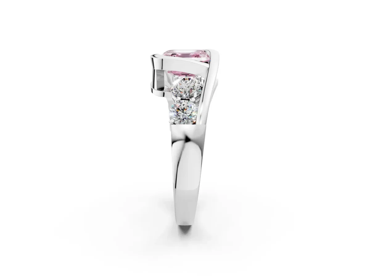 Fancy Pink Bezel Set Asscher Cut Diamond Bypass Ring with Round Accents White gold