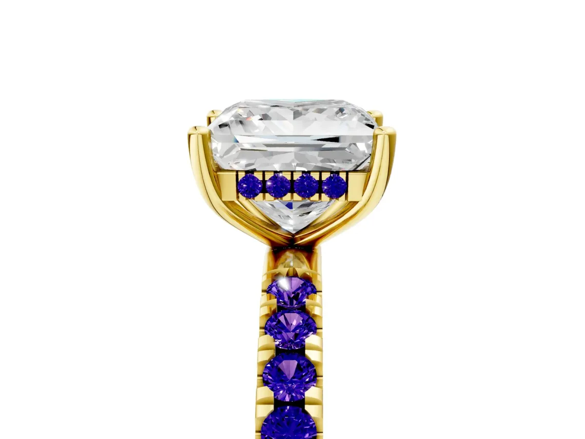Princess Cut Diamond Pave Band Solitaire Ring with Round Tanzanite and Prong Setting Yellow gold