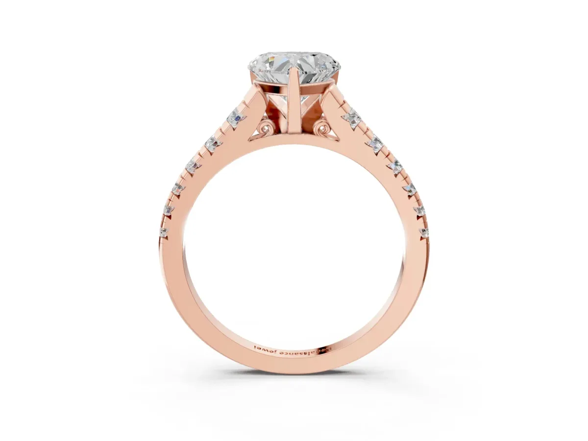 Heart Cut Diamond Cathedral Solitaire Ring with Round Moissanite Pavé Band Rose gold
