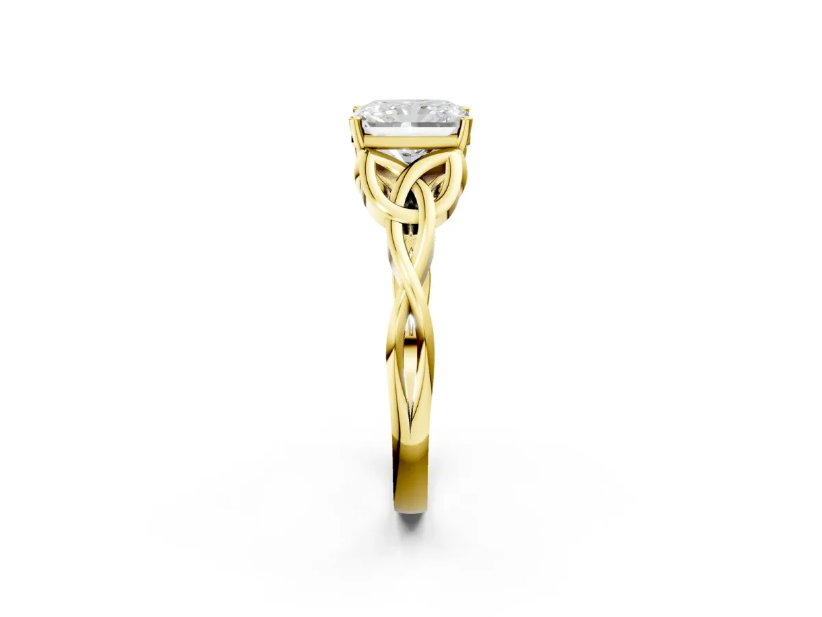 Radiant Cut Diamond Solitaire Engagement Ring with Celtic Knot Band and Four-Prong Setting Yellow gold