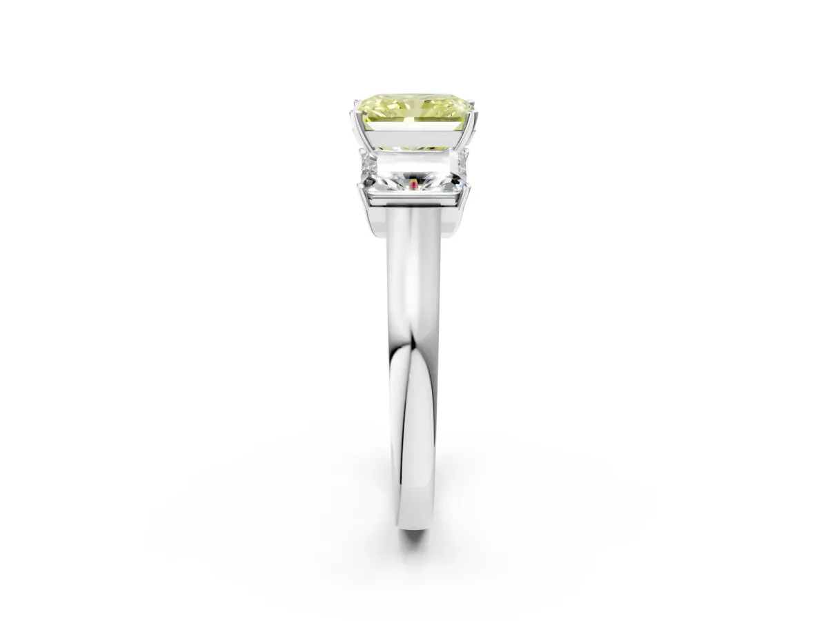 Fancy Yellow Three-Stone Radiant Cut Brilliant Diamond Trellis Ring with Comfort Fit Band Platinum