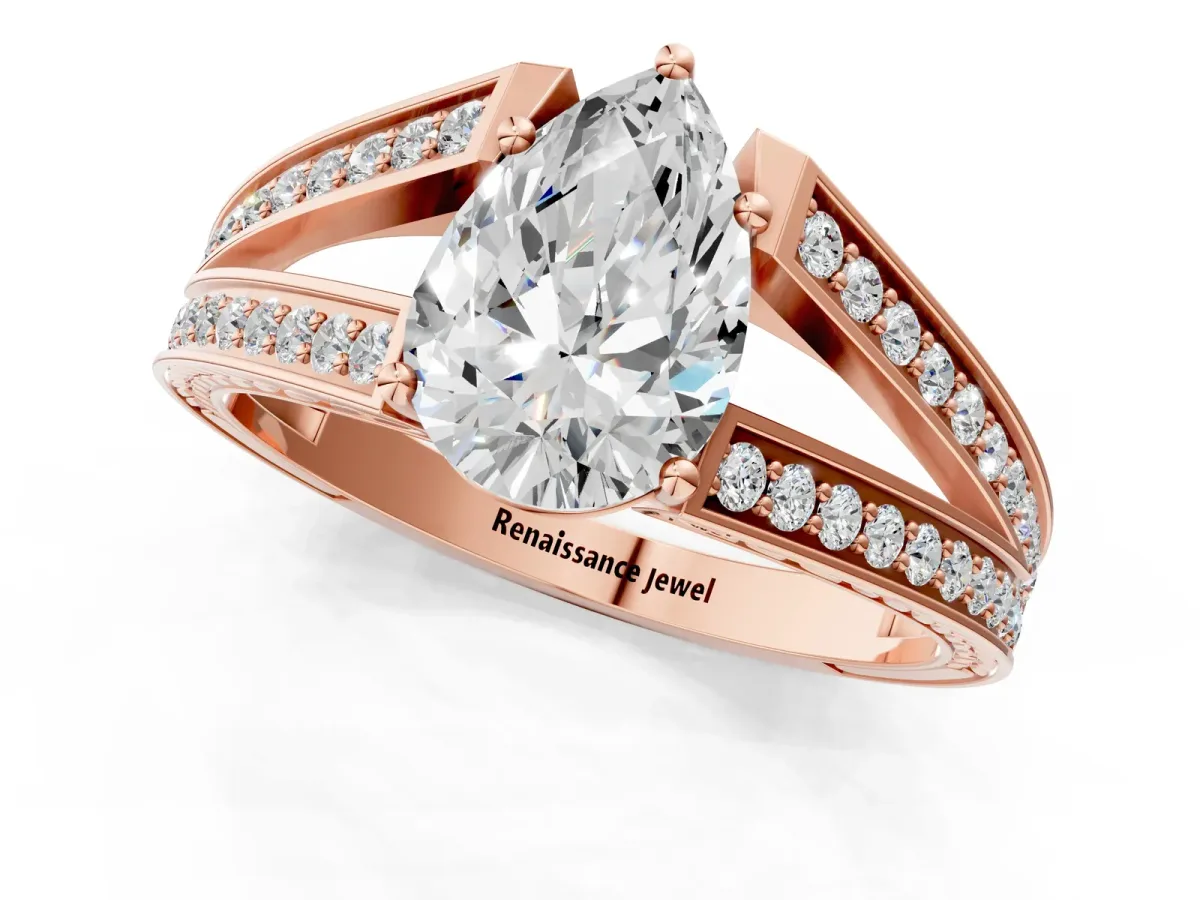 Pear Cut Diamond Split Shank Ring with Pavé Band and Four-Prong Setting Rose gold