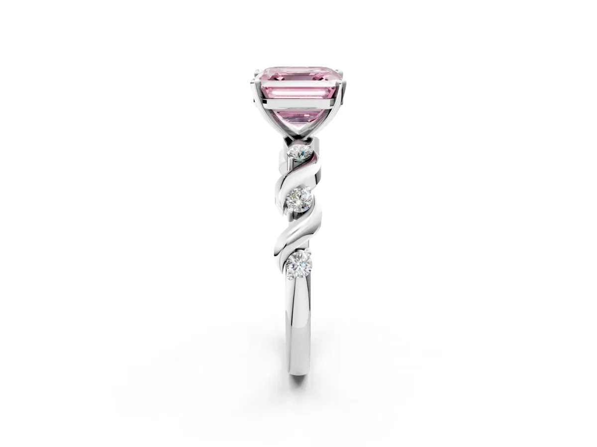 Fancy Pink Asscher Cut Diamond Solitaire Twisted Band with Round Accents and Prong Setting White gold