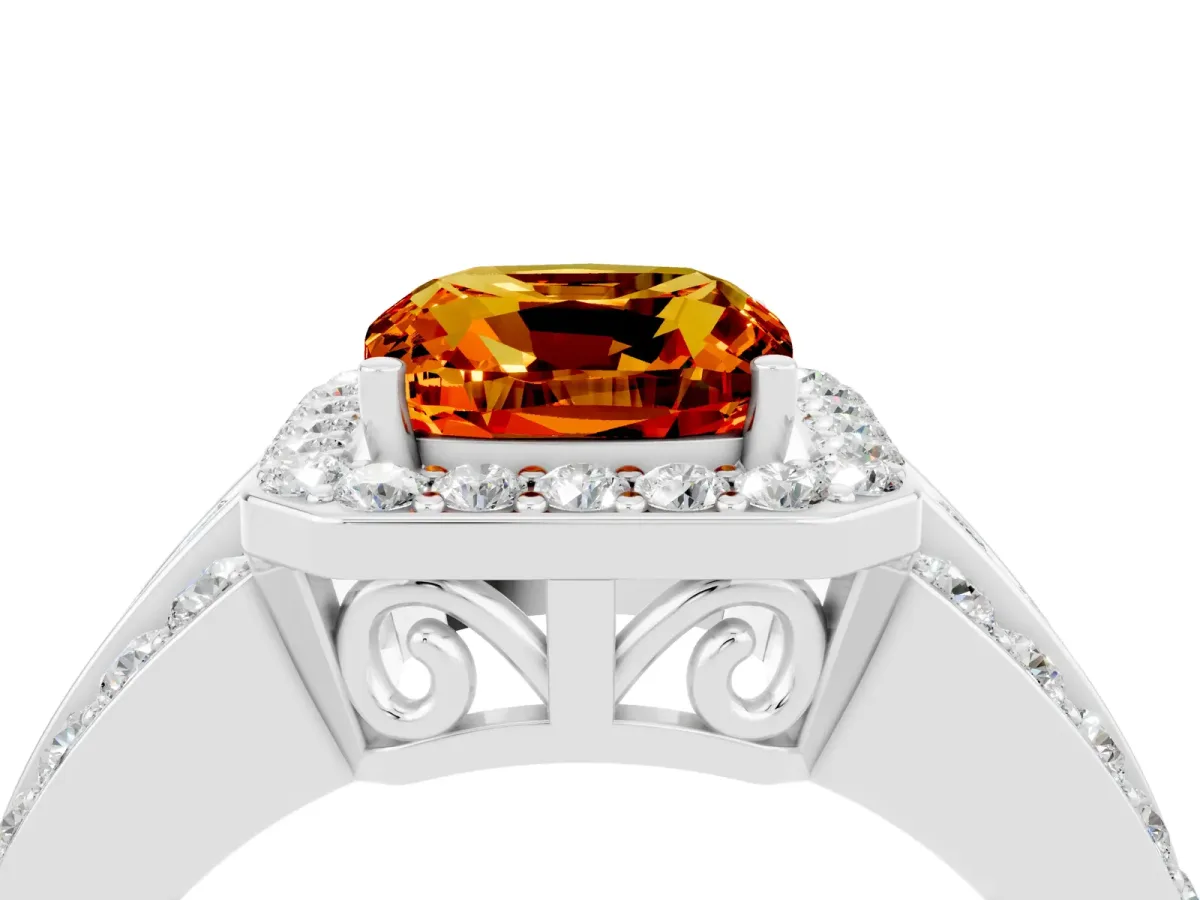 Cushion Cut Halo Citrine Ring with Round Split Shank and Prong Setting White gold