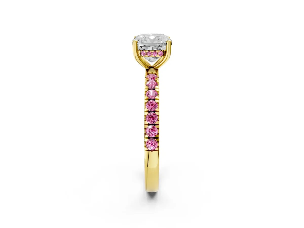 Cushion Cut Diamond Pave Band Solitaire Ring with Round Pink Sapphire and Prong Setting Yellow gold