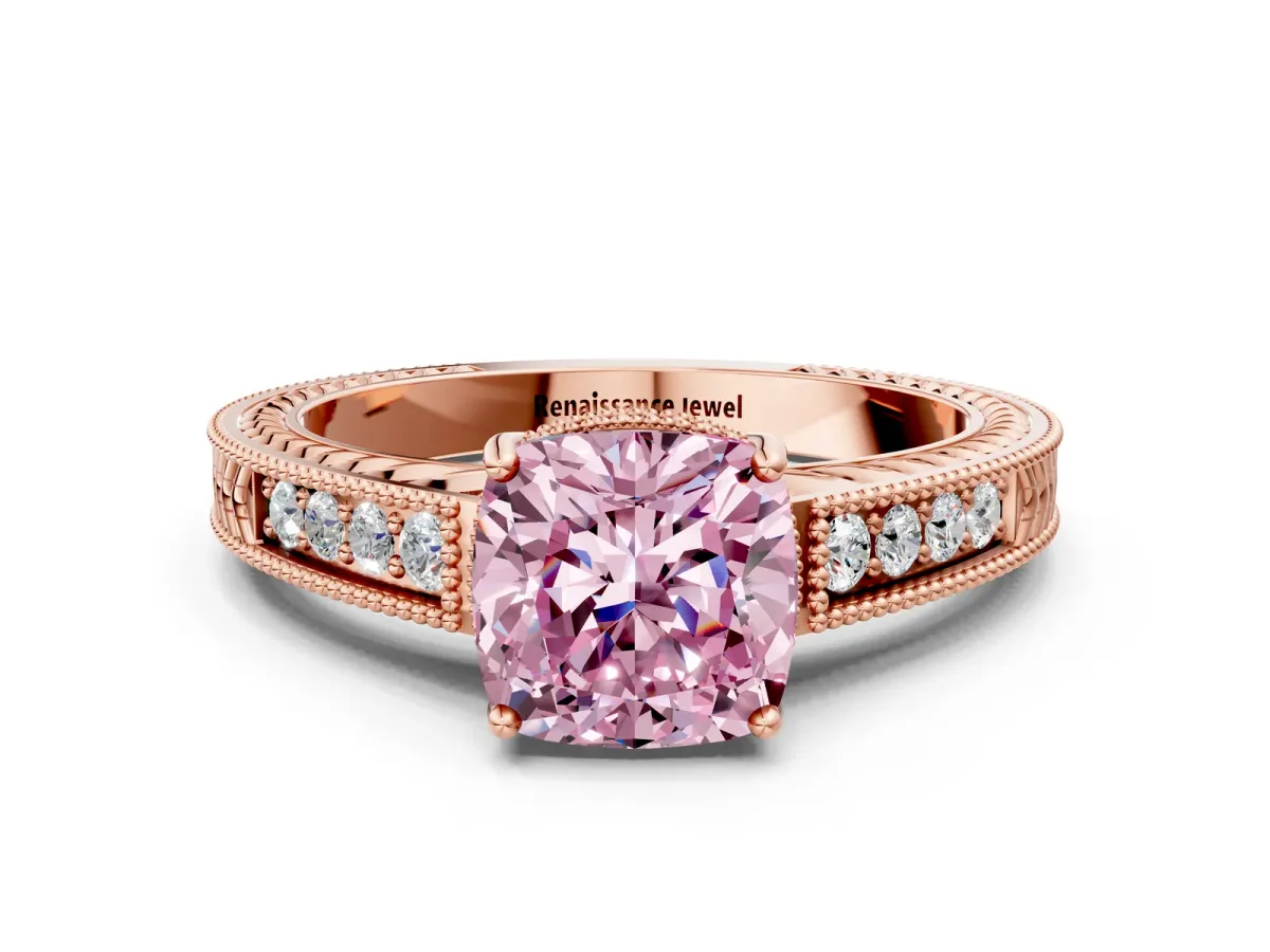 Fancy Pink Cushion Cut Diamond Engagement Ring with Milgrain Channel Set Band and Prong Setting Rose gold