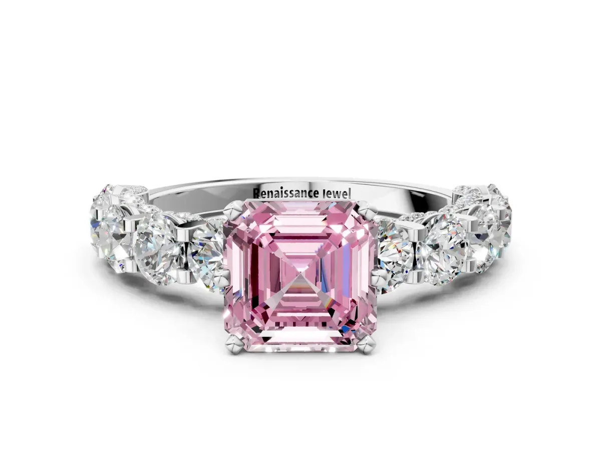 Fancy Pink Asscher Cut Diamond Side Stone Engagement Ring with Four-Prong Setting Platinum
