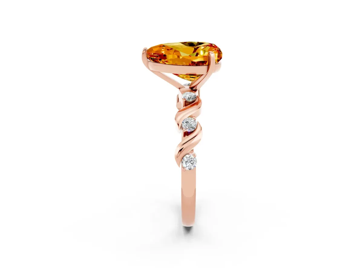 Heart Cut Citrine Solitaire Twisted Band with Round Accents and Prong Setting Rose gold