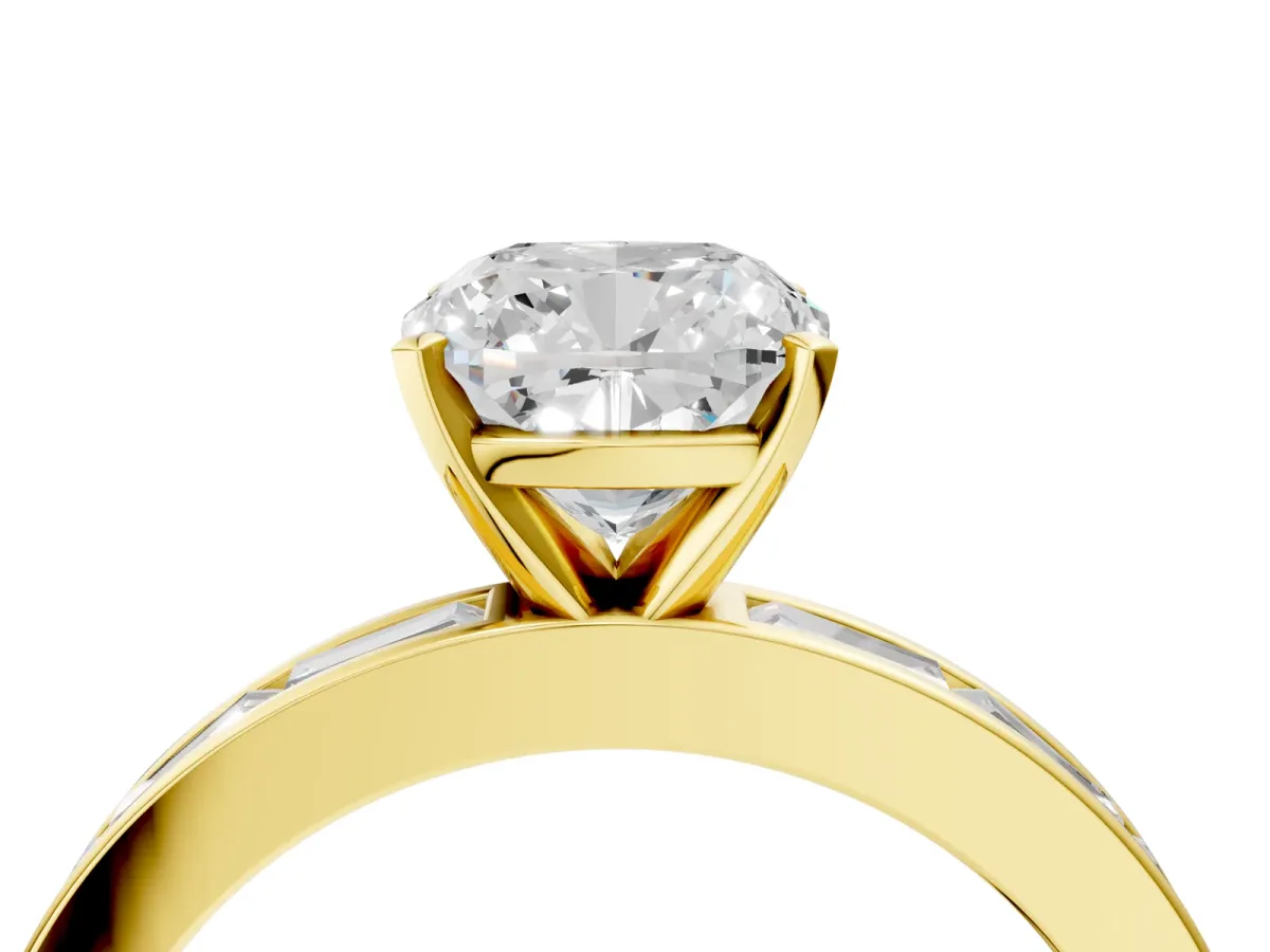 Cushion Cut Solitaire Diamond Ring with Channel-Set Baguette Band and Four-Prong Setting Yellow gold