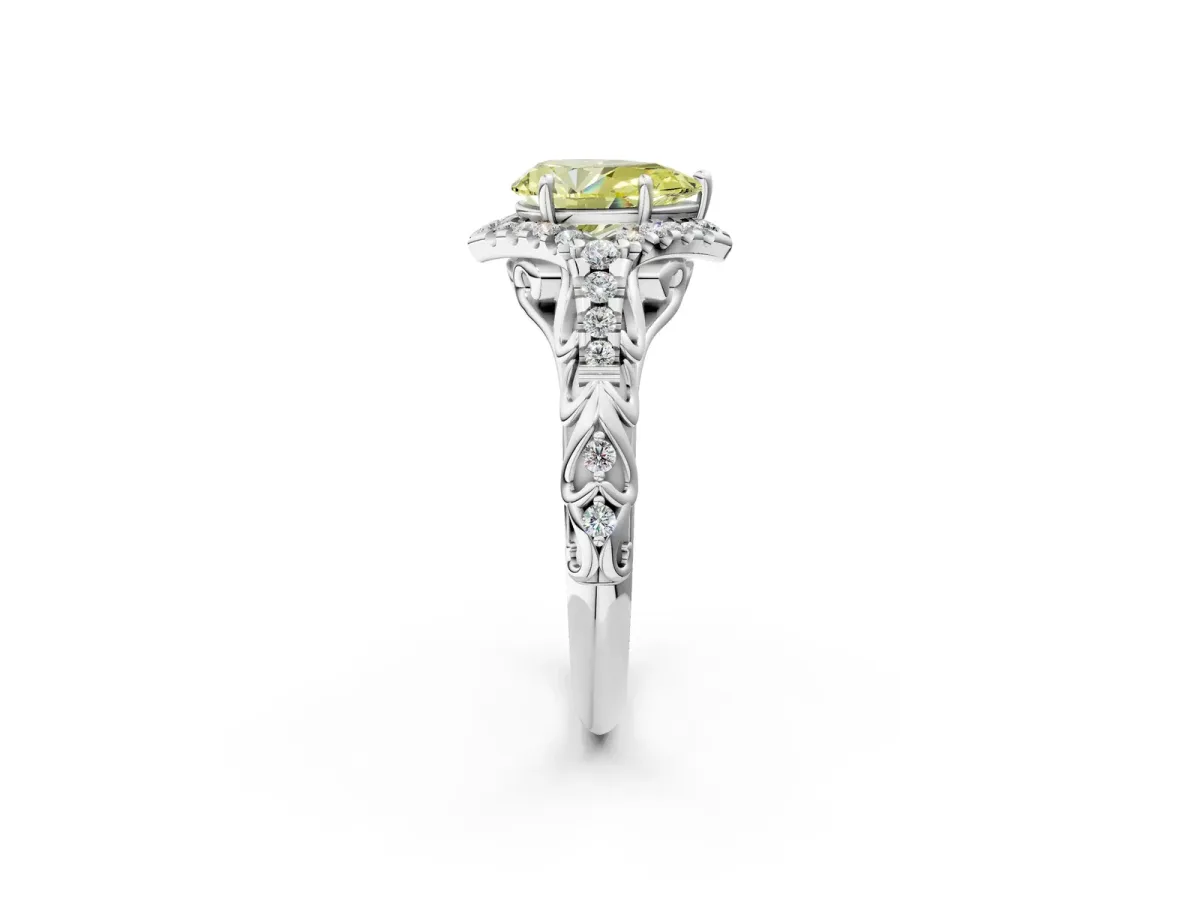 Fancy Yellow Pear Cut Diamond Solitaire Ring with Hidden Halo and Pavé Band White gold