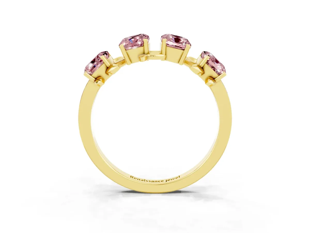 Four-Stone Elongated Cushion Morganite Band with Nature-Inspired Prong Setting Yellow gold