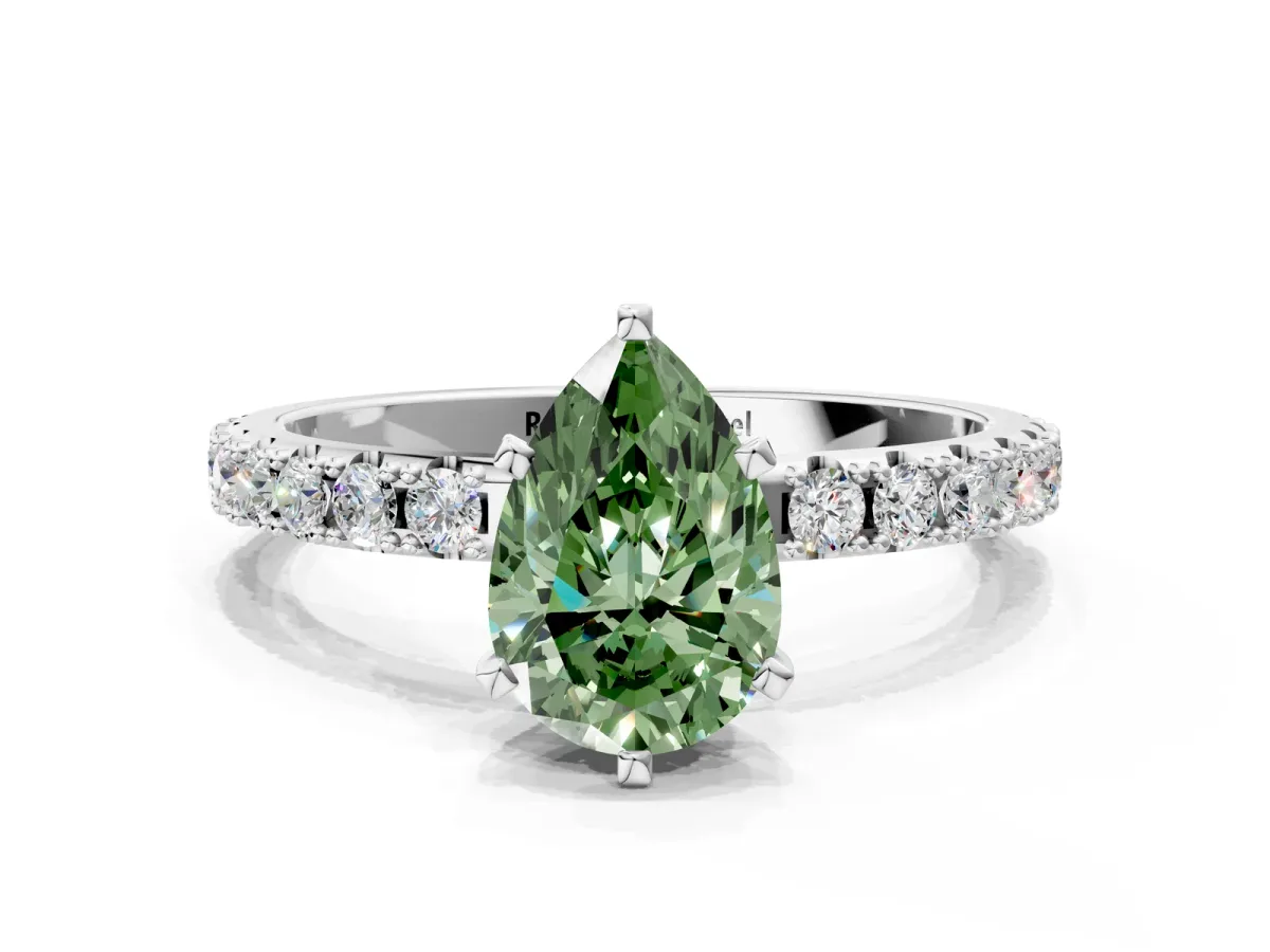 Fancy Green Pear Cut Diamond Solitaire Pavé Band with Four-Prong Setting White gold