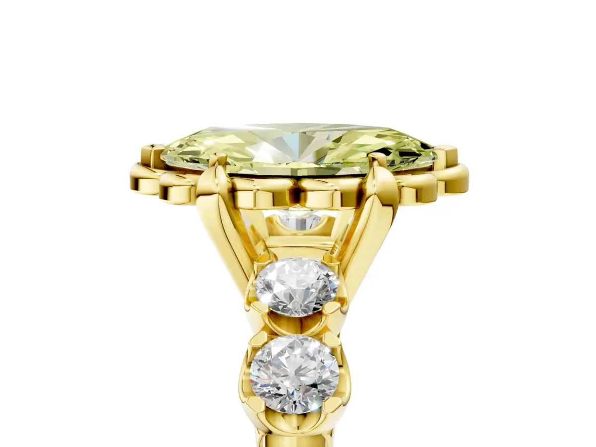 Fancy Yellow Marquise Cut Cut Diamond Floral Halo Engagement Ring with Shared Prong Setting Yellow gold