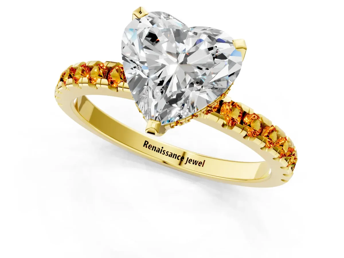 Heart Cut Diamond Solitaire Ring with Round Citrine Pavé Band and Four-Prong Setting Yellow gold