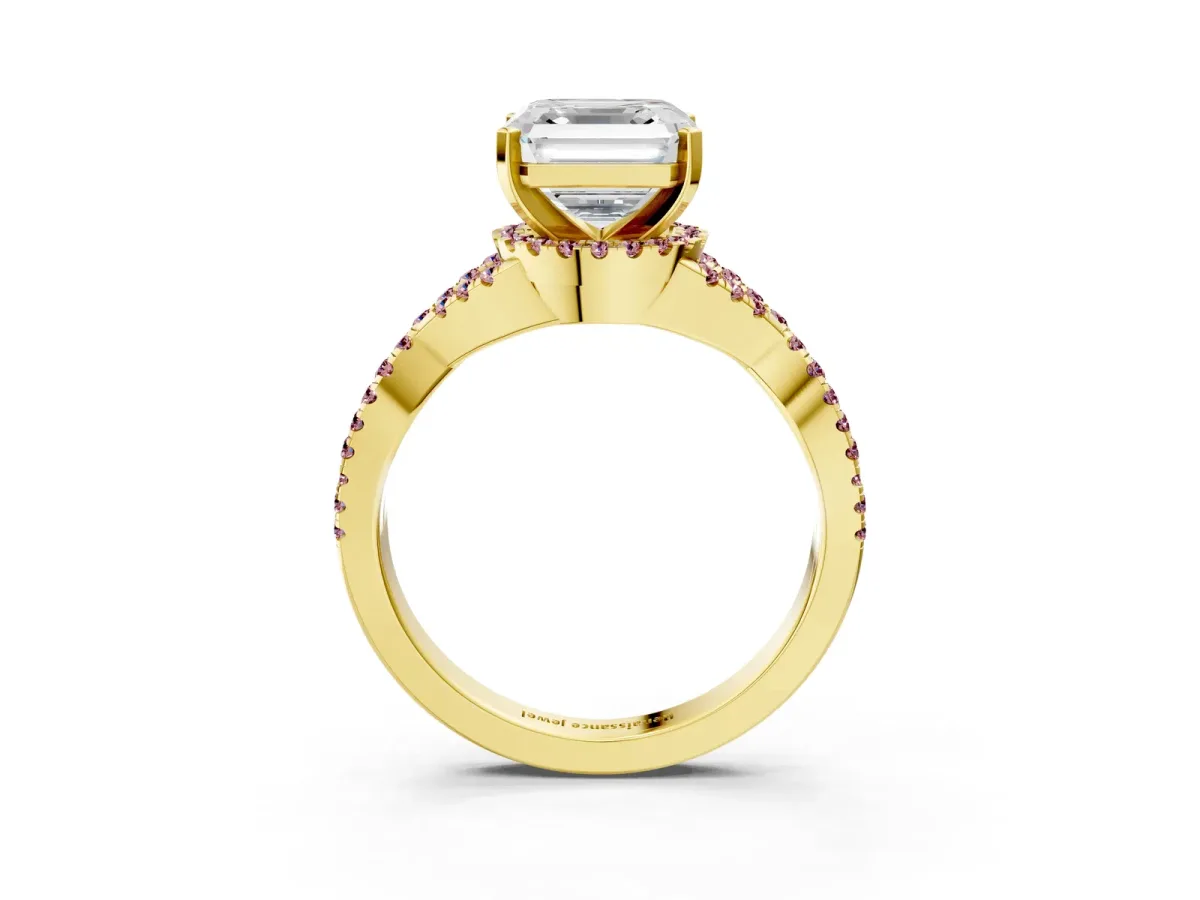 Asscher Cut Diamond Morganite Halo Twist Band Solitaire Prong Setting Ring Yellow gold