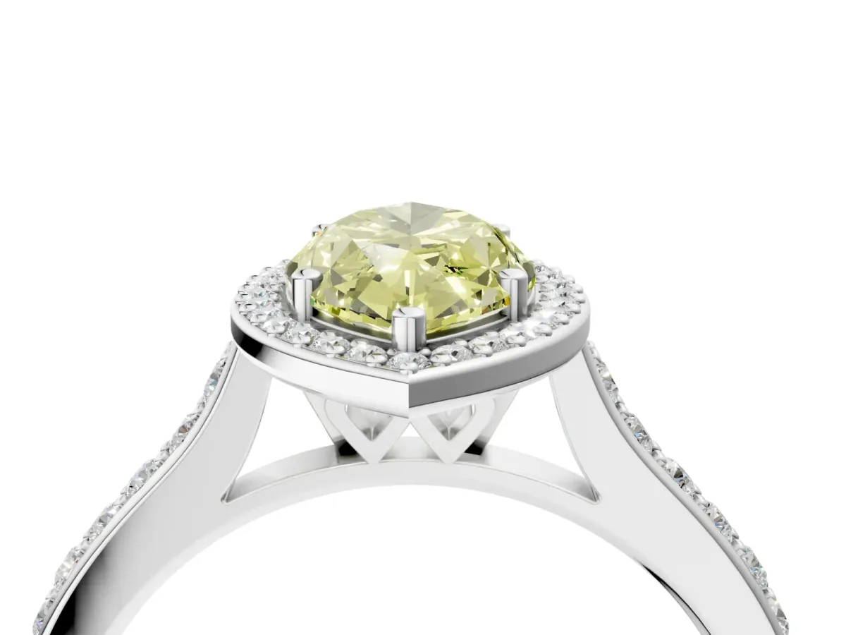 Fancy Yellow Marquise Cut Diamond Halo Engagement Ring with Round Pavé Shoulders and Prong Setting Platinum