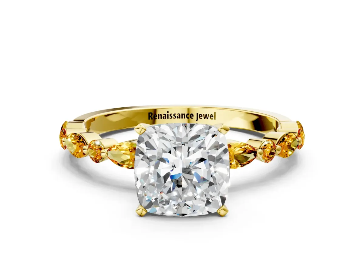 Cushion Cut Diamond Ring with Marquise and Round Citrine Side Stones and Four-Prong Setting Yellow gold