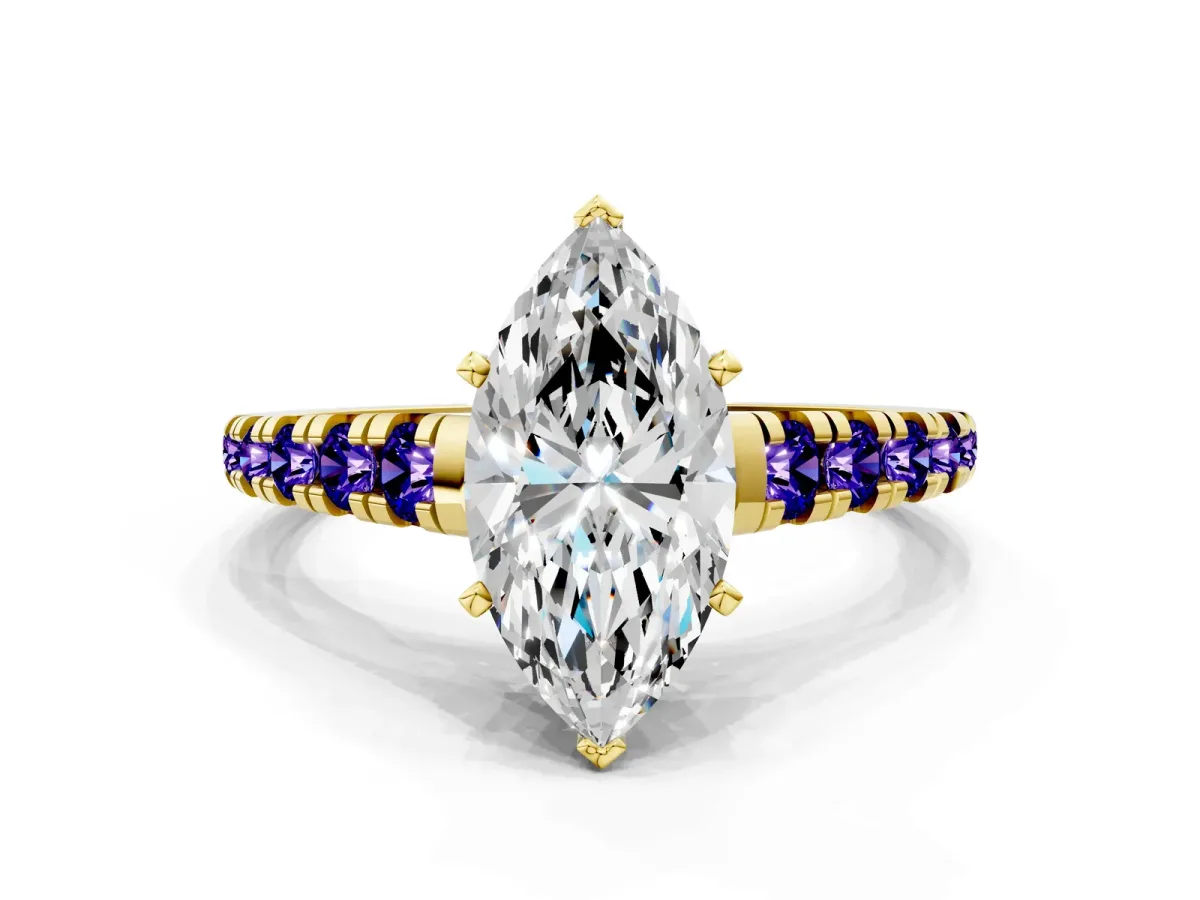 Marquise Cut Diamond Cathedral Solitaire Ring with Round Tanzanite Pavé Band Yellow gold