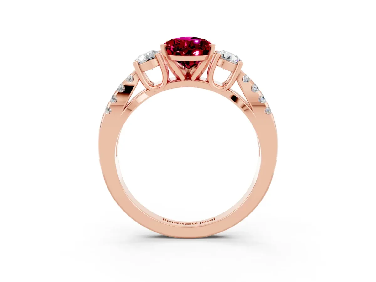 Pear Cut Garnet Three-Stone Ring with Pavé Split Shank and Four-Prong Setting Rose gold